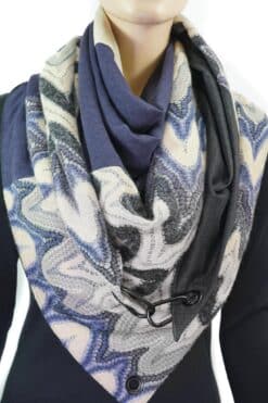 Dreieckstuch mit Karabiner, Materialmix schwarz-blau-grau mit Spitze